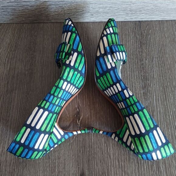 Vintage 1950's Herbert Levine Blue, Green & White Bow Pointy Pumps 7.5AA - Picture 7 of 10